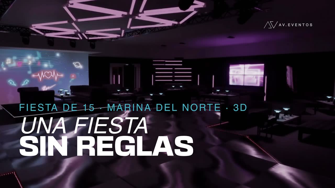 Recorrido 3D de un salón de fiesta resuelto como bar