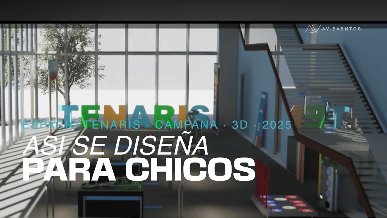 Recorrido 3D de un espacio infantil con sectores por color